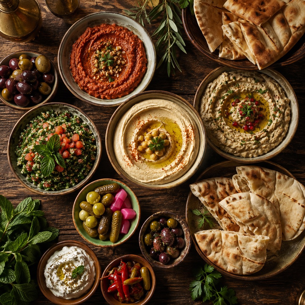 Мезе — хумус, баба гануш и табуле в малки чинии с топъл хляб / Mezze spread — hummus, baba ghanoush and tabbouleh with warm bread