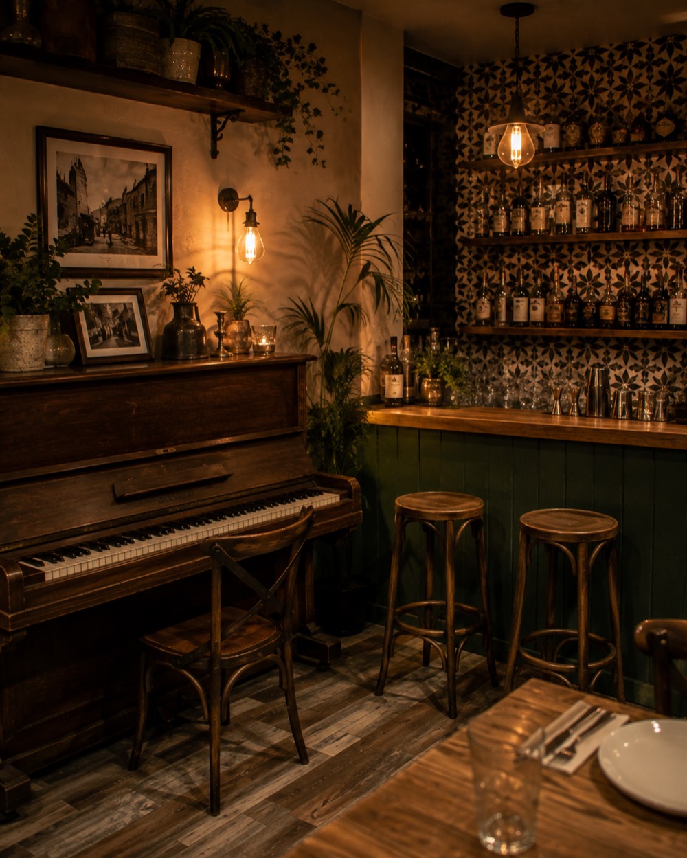 Ъгълът с пианото до бара, със стари бутилки по рафтовете над него. / The piano corner beside the bar, with old bottles on the shelves above it.